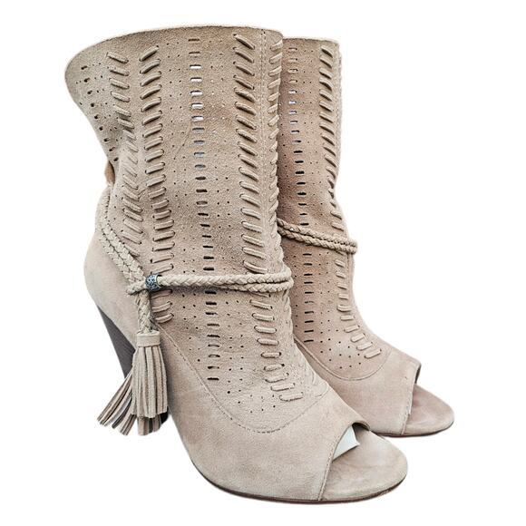 Slouchy Suede Boots Dolce Vita Maddox Size 6.5 Tan Leather Open Toe Heel Tassels - Picture 1 of 13